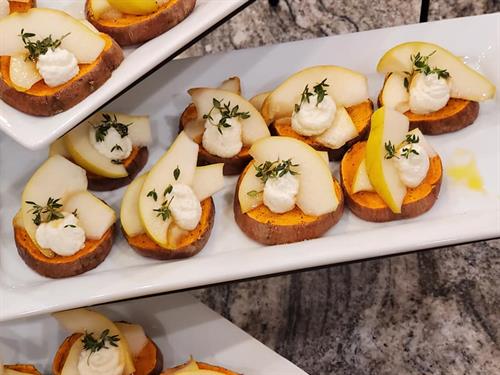 Pear Canape on Roasted Sweet Potato (Catering Menu)