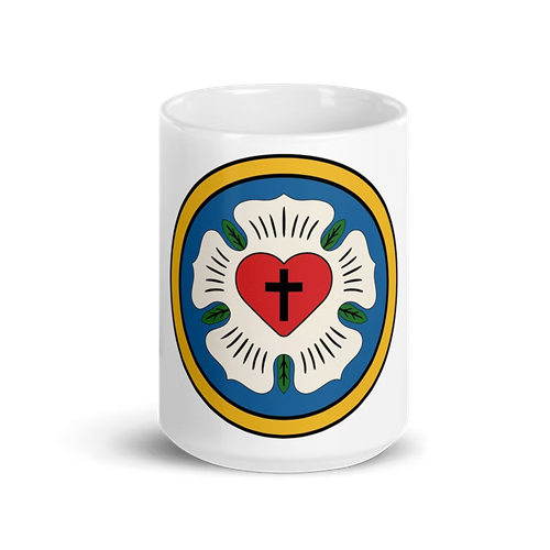 Everyday Witness Lutheran Rose mug—faithful giftware designed for confession, outreach, and daily use