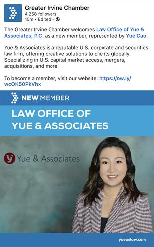 Yue & Associates joins Greater Irvine Chamber as a member