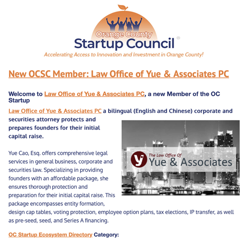Law Office of Yue & Associates Joins Orange County Startup Council, an OC Innovation Hub 