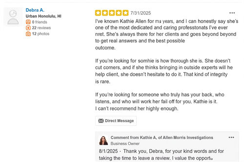 Client review highlighting responsiveness, professionalism, and thorough workplace investigation services in Orange County.