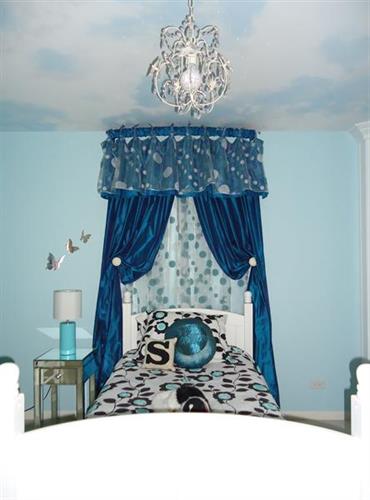 Girl's Bedroom with custom painted ceiling, custom fabrics, chandelier and more