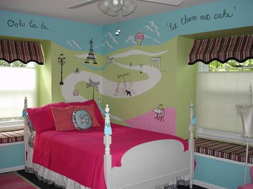 Paris Girl's Bedroom-My concept was a Paris-themed bedroom done as a “While she was out at summer camp” project. My design was to transition an 11 year old girl’s bedroom into