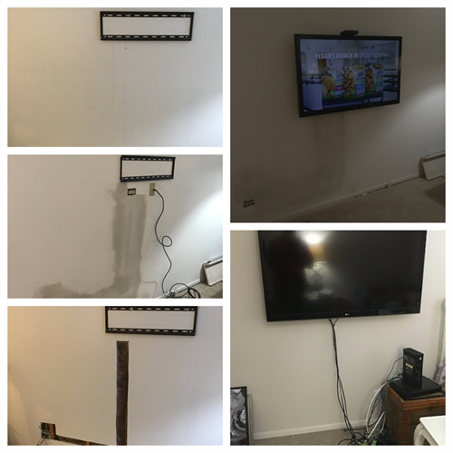 Hang television on wall in family room and hide electric cords in wall and repair drywall