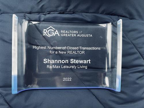 Awarded Highest Number of Closed Transactions for New Realtor by Greater Augusta Realtors, 2022
