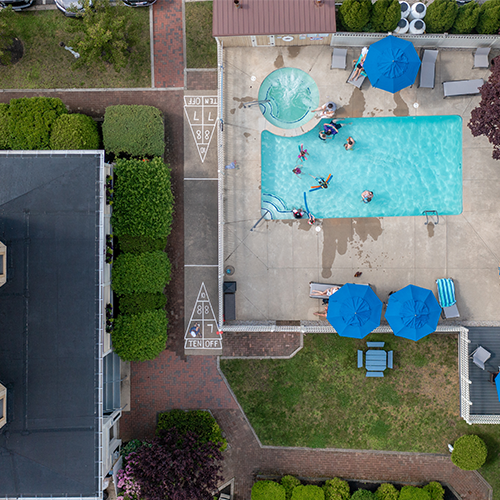 A bird's eye view of our pool and hot tub area