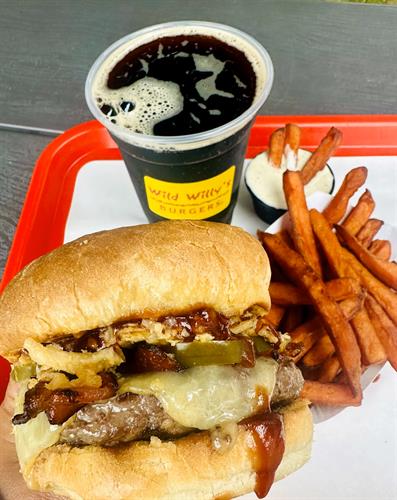 Our "Bullseye" Special Burger with Sweet Potato Fries & Eli's Draft Root Beer