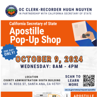 1 Day Apostille Pop-Up Shop - October 9, 2024 from 8AM to 4:00PM (Clerk-Recorder Hugh Nguyen Partners with California Secretary of State)