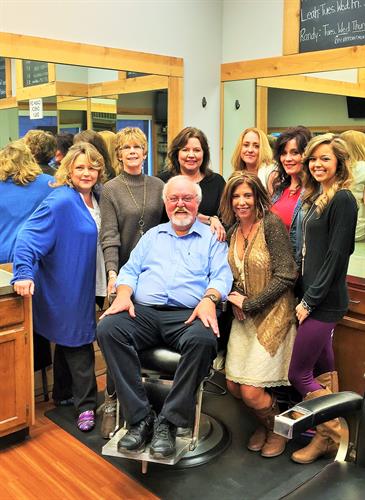Randy McArthur surrounded by his coworkers, Randy has been at Vestavia Barber Shop since 1979.