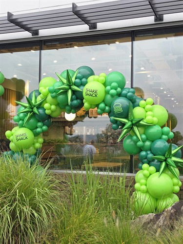 Custom balloon arch for the Shake Shack grand opening in Cranberry Township, PA, created by LWP Balloon Creations.