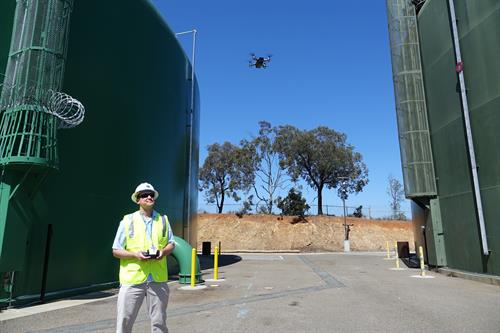 GIS Technician uses a drone as part of the District’s Drone2Map technology for asset, field inspections, and condition assessment.
