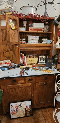 Antique Hoosier Cabinet and kitchen collectibles