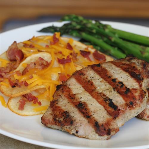 Pork Chops with Bacon Cheddar Potatoes