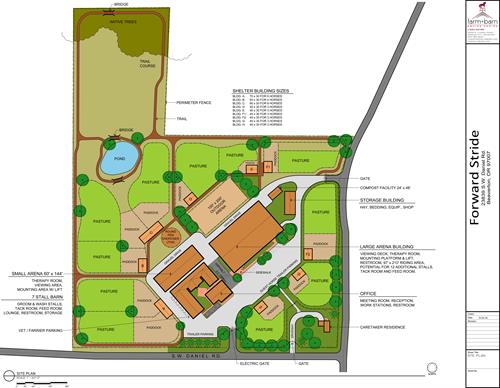 Masterplan for the new Forward Stride Facility in Beaverton on 20 acres. Housing for 30+ horses and numerous clients, volunteers and programs Masterplan for the new Forward Stride Facility in Beaverton on 20 acres. Housing for 30+ horses and numerous clients, volunteers and programs