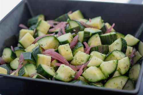 Salt and Pepper Cucumber Salad with Tangy White Rice Vinegar, Thinly Sliced Cucumbers, Pickled Red Onion and Fresh Dill