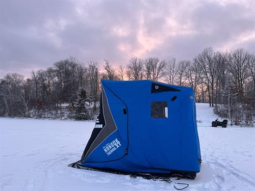 We offer ice fishing rentals in the winter! Wheelhouse, portables, and equipment