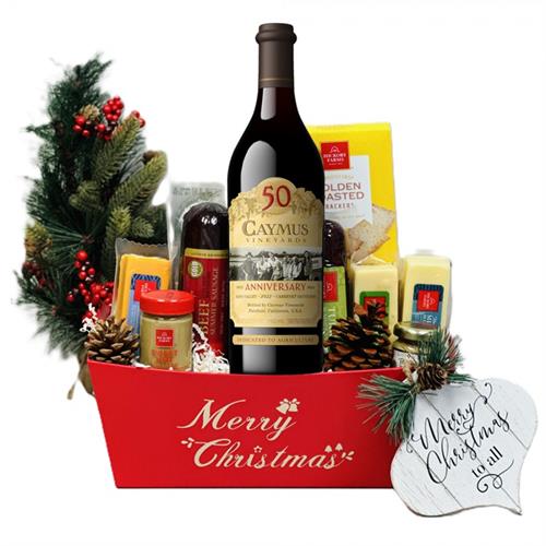 Enjoy the Christmas with our Caymus Cabernet Sauvignon Napa Valley Wine Christmas Gift Basket. Featuring a finest wine selection with amazing gourmet food items. It's the perfect festive gift for wine lovers, delivered right to door.