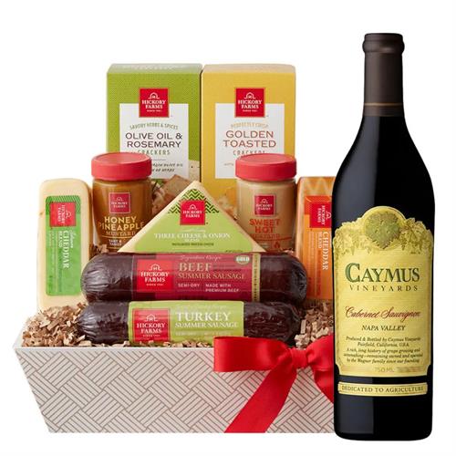 The Caymus Cabernet Sauvignon Napa Valley Wine combined with Hickory Cheese Gift Basket presents a luxurious mix of gourmet sophistication accompanied by robust wine notes.