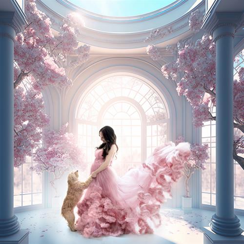 Fairytale Maternity – elegant mom-to-be in a dreamy palace scene.