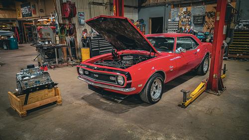 A 1968 Chevy Camaro that was in the shop for an engine replacement.