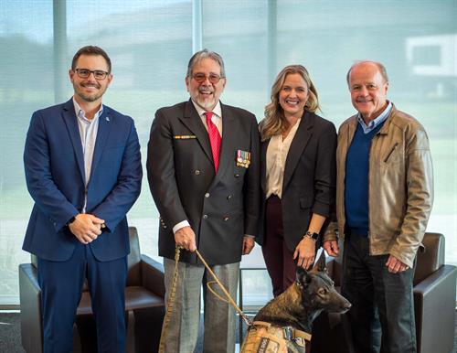 Valor Partners brought a special guest speaker to Burns and McDonnell for their VETS Erg program Nov 7, 2024. (l to r) Chris Raider, Lt. Col. Ernie Garcia, USMC Ret., Kelli Campbell-Goodnow, Al Gorthy