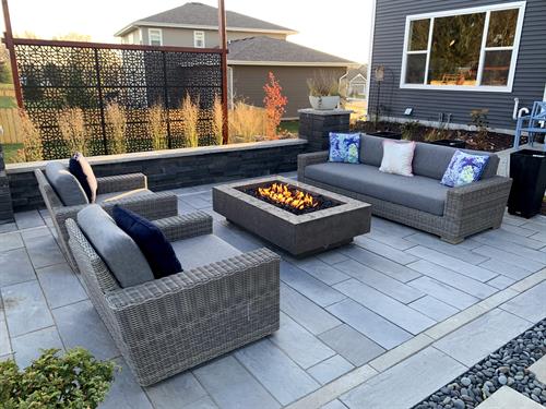 Fire Pit, Fire Feature, Pavers, Seat Wall, Stone pillars