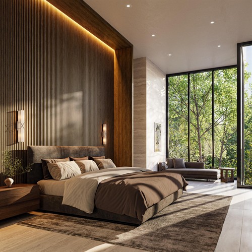 Modern Bedroom / Slatted Accent Wall  Design beyond the floor. From flooring and tile to dimensional and decorative surfaces, Floor & Decor helps PROs create spaces that feel fully considered from wall to wall. Inspiration for the spaces your clients are asking you to build. 
