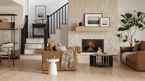 Stone Fireplace / Wood-Look Flooring  Build warmth into every surface. Pair stone and ledger panels with durable wood-look flooring to create inviting spaces with lasting visual impact.