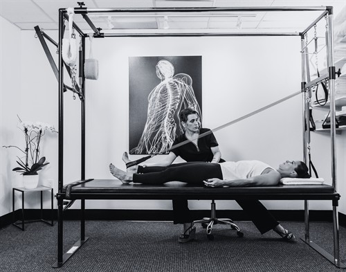 Cadillac leg spring exercises challenge lower-extremity strength, pelvic stabilization & coordinated movement.