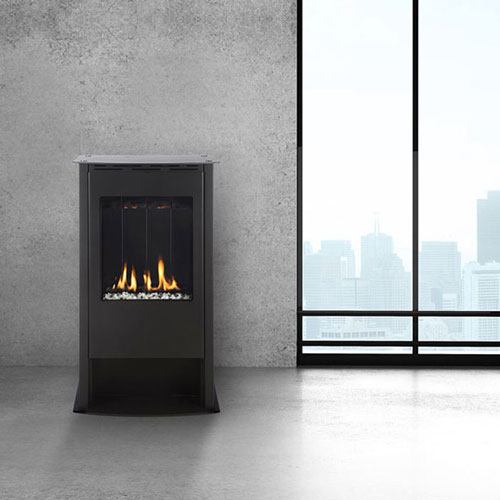 ONE6 FS Freestanding Stove. Shown in Satin Black with a Rear Vent.