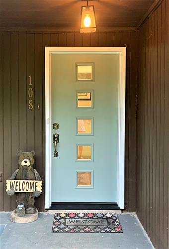 Masonite Modern Series Door with Clear Glass, Fusion Frame and Finished SW6206 Oyster Bay Masonite Modern Series Door with Clear Glass, Fusion Frame and Finished SW6206 Oyster Bay