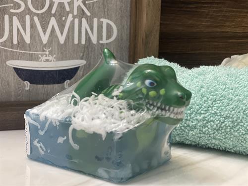 Green dinosaur soap