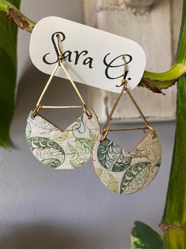 Cork on Leather Printed Leaf with Brass Earrings