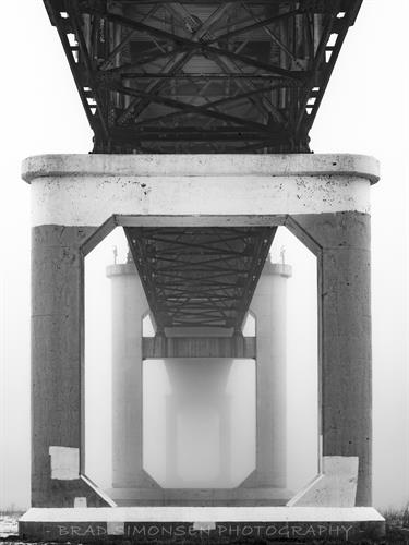 3600x4800 pixels, Actual print will not have watermark. Black and White_Under the Bellevue Toll Bridge, aka The Grand Army of the Republic Bridge, on a foggy morning.