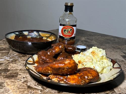 RJ's BBQ Sauce with Chicken Breast and Chicken Wings and Potato Salad