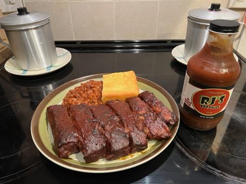 RJ's BBQ Sauce with Spareribs Baked Beans and Cornbread