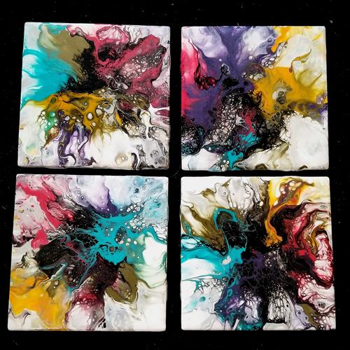 4” x 4” ceramic coasters are each one-of-a-kind paintings, treated with a clear, heat-resistant protectant and with a cork backing to protect surfaces from scratching