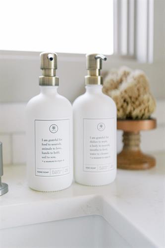 White Glass Gratitude Bottles, Hand Soap & Dish Soap