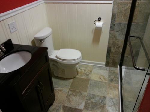 Modern Half Bath Remodel with Slate Tile, Beadboard Wainscotting, Granite Vanity, and Oil-Rubbed Bronze Fixtures