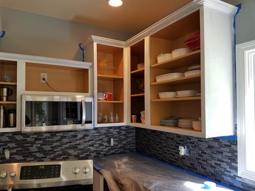 Glass Tile Backsplash and Granite Countertop Installation after Cabinet & Door Refinishing