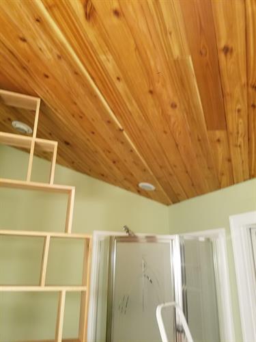 Master Barhroom T&G Cedar Ceiling and Built-In Architectural Shelving