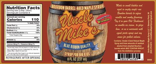 Uncle Mike's Bourbon Barrel-Aged maple syrup. The barrels give the syrup a rich, vanilla/caramel flavor that is great on vanilla ice cream, in an Old-Fashioned or a part of a marinade for grilled salmon or chicken.