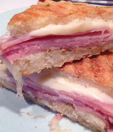 Grilled ham and Cheese Sandwich mad with Our Tuscan Rosemary Focaccia Bread.