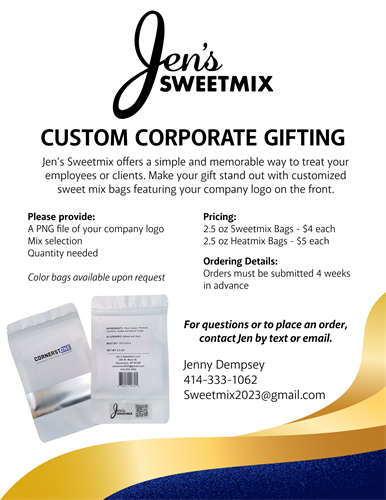 Jen's Sweetmix can be a great corporate gift option by customizing the label on the bag and giving a unique sweet treat.