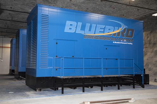 One of the Bluebird Underground Data Center's three 3MW generators. Housed inside is a Rolls Royce v16 Octo-Turbo engine. Together, these generators are capable of powering the facility for three days without refueling!