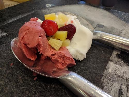 Watermelon & Lemon Sorbet, Mixed w/ Pineapple and Strawberries. Cool and Refreshing!