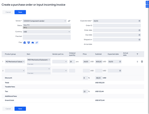 Creating a purchase order (PO)