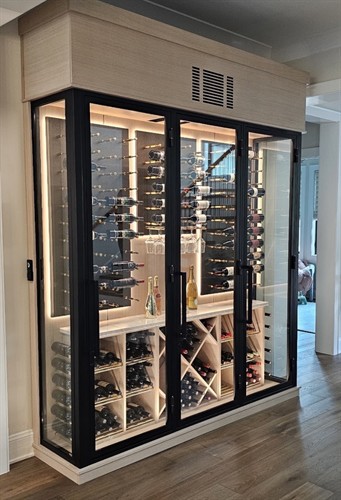 Shallow depth refrigerated wine wall for single family and condos