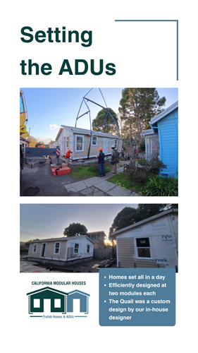 The Quail & Owl ADU Prefab modular for Santa Cruz California: Modules Being Set on Foundation.  Accessory Dwelling Unit CA.