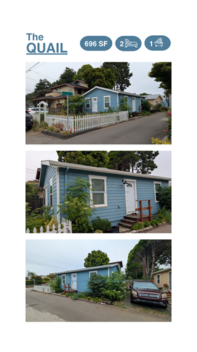 The Quail & Owl ADU Prefab modular for Santa Cruz California: Front & Side Perspective.  Accessory Dwelling Unit CA.